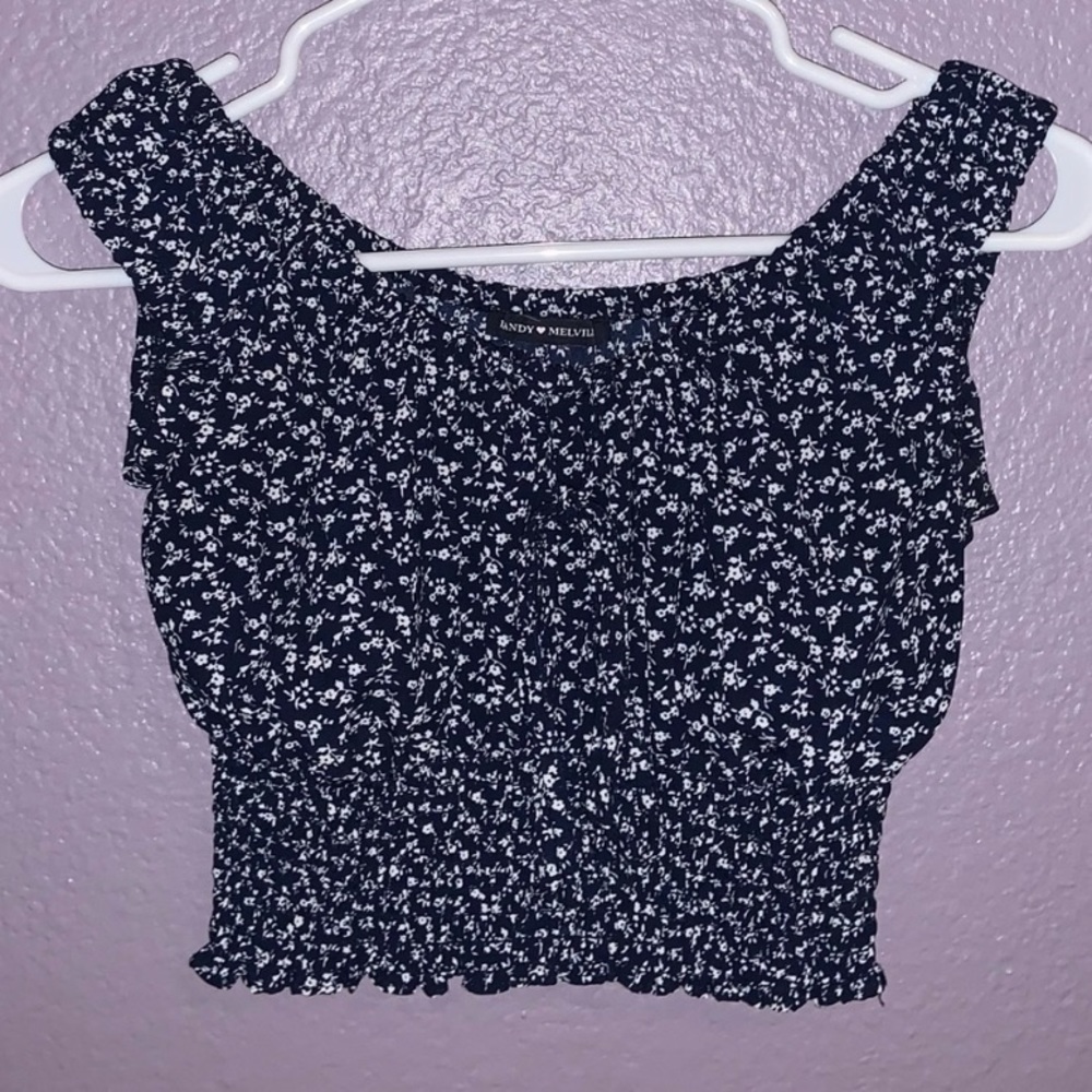 Blue and white flowered off the shoulder top